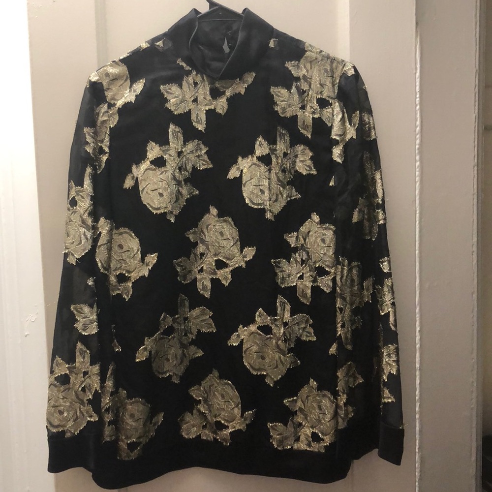 Black Sheer Tunic Top with Gold Floral Embroidery